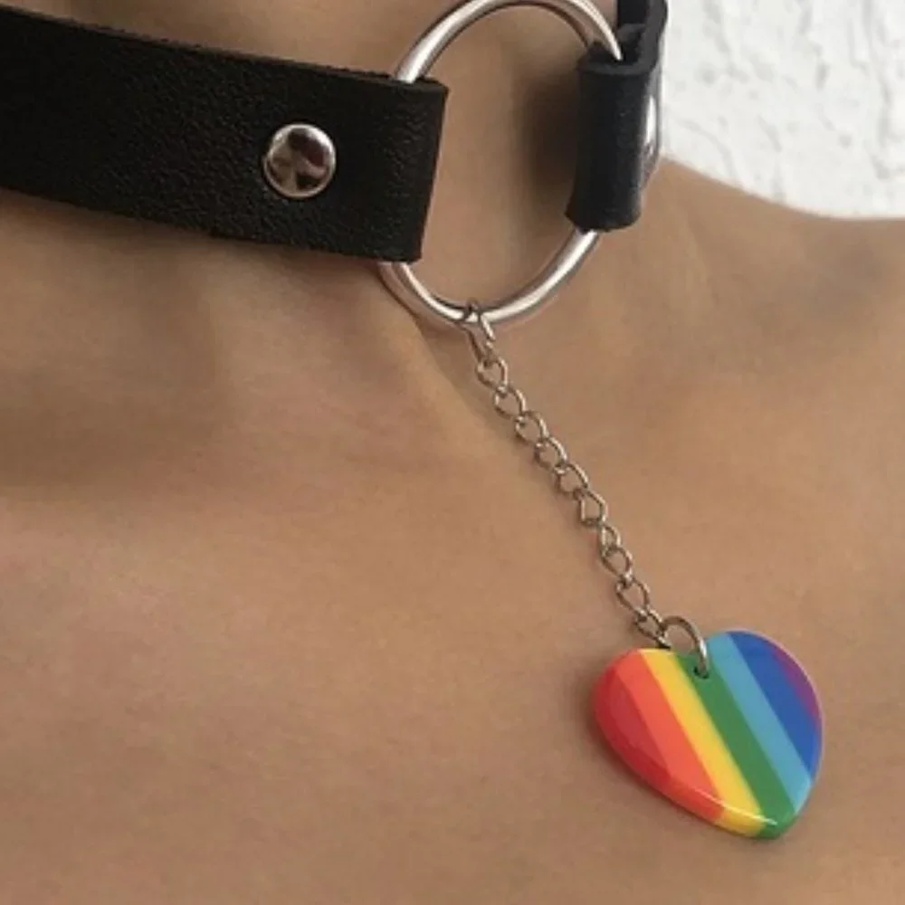 New Hot Rainbow Leather Pride Choker Necklace - Picture 3 of 5